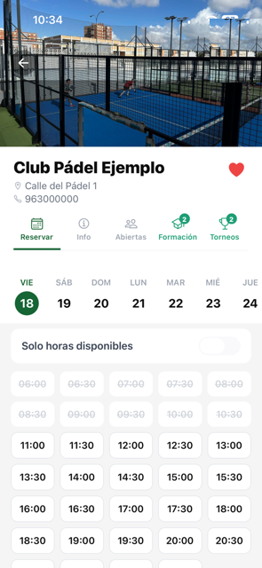 App de es.match: horas libres del club para reservar pista