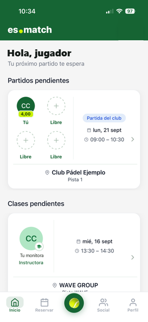 App de es.match: partidas y clases pendientes del jugador
