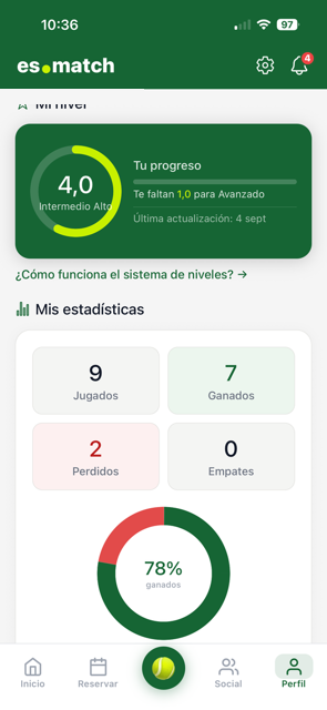 App de es.match: nivel del jugador y sus estadísticas