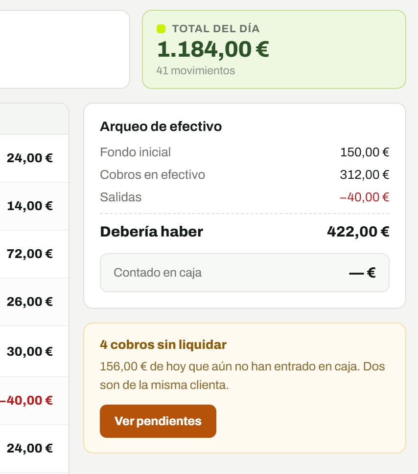 Caja del día en es.match: total del día y arqueo de efectivo con lo que debería haber en caja